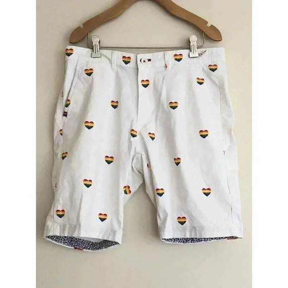 Denim & Flowers Men's rainbow pride heart shorts SZ 32 - Picture 12 of 14